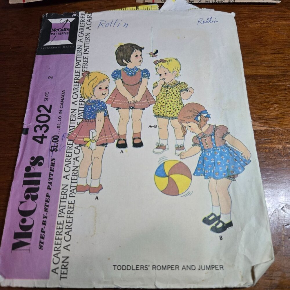McCall's 4302 Toddlers Romper and jumper sewing pattern Size 2 Uncut 1974